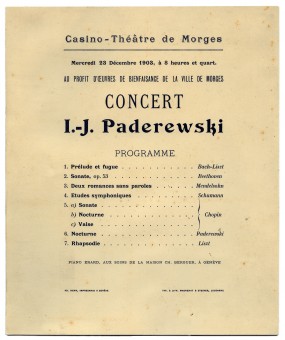 Programme du récital donné par Paderewski le 23 décembre 1903 au Casino-Théâtre de Morges au profit d'œuvres de bienfaisance de la Ville