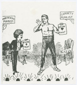 Reproduction d'une caricature d'auteur non identifié parue dans «The Colorado Magazine» en 1977 représentant Paderewski moqué par le boxeur James J. Corbett, qui affiche 40'000 dollars pour «1 night» [une soirée] contre 2000 seulement pour le pianiste