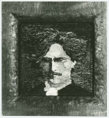 Reproduction noir-blanc d'un portrait de Paderewski en gobelin réalisé par Maria Slomkowska, avec cadre de bois