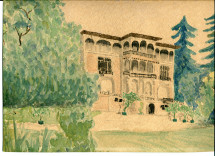 Aquarelle de Billy Clottu représentant la «villa Paderewski» de Riond-Bosson depuis le sud (de face)