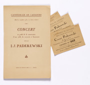 Programme, billets d'entrée, avertissement et carton d'invitation de la Municipalité de Lausanne pour la réception organisée à l'issue du concert donné par Paderewski le 27 novembre 1928 à la Cathédrale de Lausanne au profit de la construction d'une salle