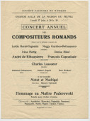 Programme du «concert annuel des compositeurs romands» donné le 27 juin 1938 à la Maison du Peuple à Lausanne, avec «hommage au Maître Paderewski» par André de Ribaupierre et Charles Lassueur