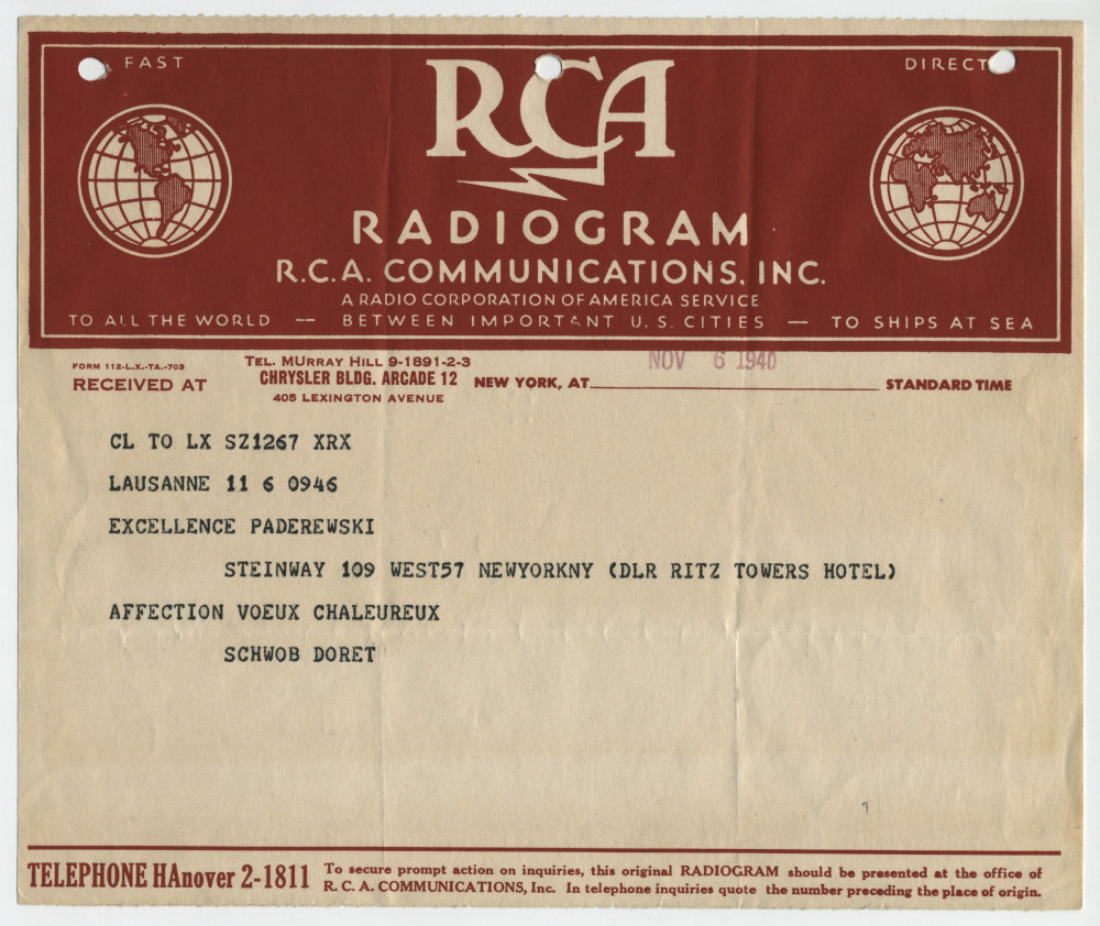Télégramme adressé par Schwob (?) et [Gustave] Doret à «Excellence Paderewski», «Steinway, New York», de Lausanne le 6 novembre 1940