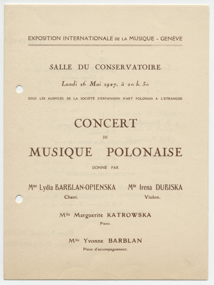 Programme du «concert de musique polonaise» donné le 16 mai 1927 à la Salle du Conservatoire de Genève par la cantatrice Lydia Barblan-Opienska et la pianiste Yvonne Barblan (entre autres musiciens), interprètes notamment d'une mélodie de Paderewski