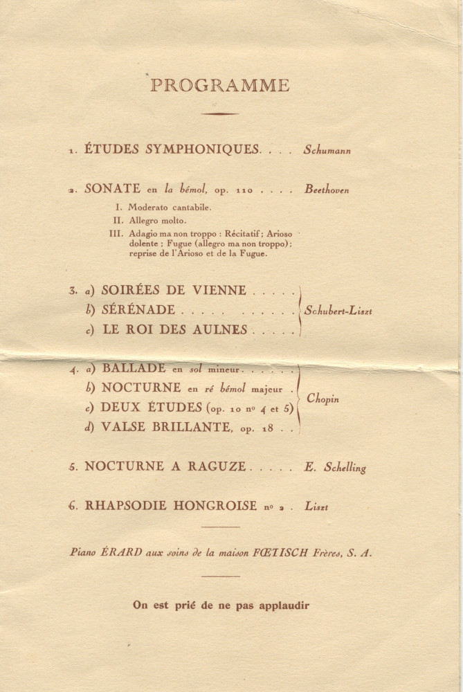 Programme, billets d'entrée, avertissement et carton d'invitation de la Municipalité de Lausanne pour la réception organisée à l'issue du concert donné par Paderewski le 27 novembre 1928 à la Cathédrale de Lausanne au profit de la construction d'une salle