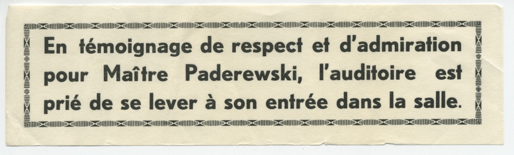 Libretto, billets et avertissement pour le récital donné par Paderewski le 9 novembre 1932 au Casino du Rivage de Vevey au profit de l'Œuvre de secours aux chômeurs de la ville de Vevey (f-g)
