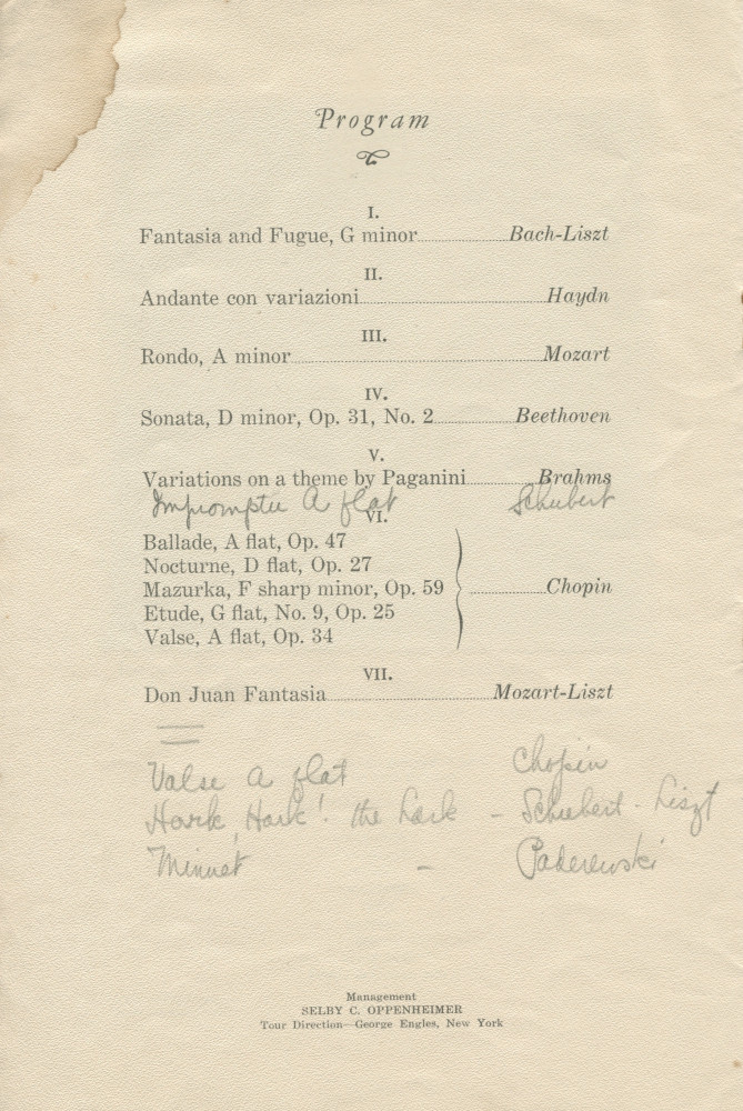 Libretto du récital donné «On the Steinway Piano, the Instrument of the Immortals» par Paderewski le 29 février 1924 à Oakland (Californie) (?)