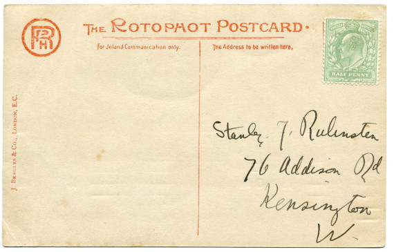 Carte postale «The Rotopaot Postcard» du «jeune lion» Paderewski adressée (affranchie, mais pas envoyée) à Stanley J. Rubinstein (?) à Kensington