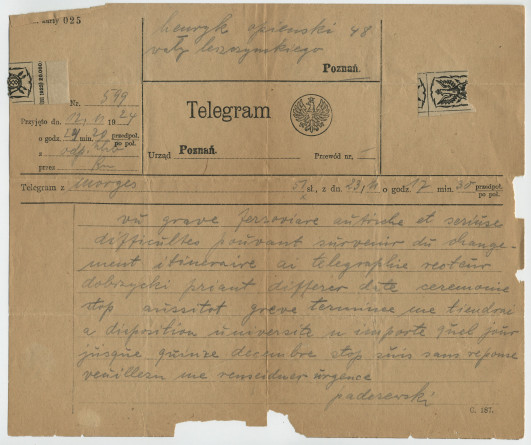 Télégramme adressé par Paderewski à «Henryk Opienski […] Poznan», de Morges le 12 novembre