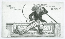 Reproduction d'un dessin satirique d'auteur non identifié réalisé en Pologne vers 1917 représentant Paderewski en Charlot, dans le contexte de sa participation au Comité national polonais à Paris