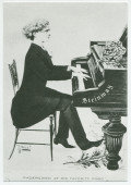 Reproduction d'une caricature de Th. Wüst (?) reproduite dans «People and Piano» de Theodore Steinway représentant «Paderewski at his favourite piano»