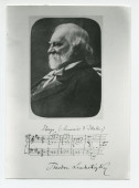 Photographie de Teodor Leszetycki (1830-1915), âgé, de profil, avec quatre mesures manuscrites d'un «Scherzo (Souvenir d'Italie)» et signature