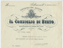 Lettre adressée (en italien) par le Conseil d'Etat du Tessin à «Maestro Ignazio Paderewski, già Presidente del Governo della Polonia», de Bellinzone le 21 janvier 1925