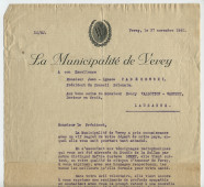 Lettre adressée par la Municipalité de Vevey, par son syndic David Dénéréaz, «à son Excellence Monsieur Jean-Ignace Paderewski, président du Conseil polonais, aux bons soins de Monsieur Henry Vallotton-Warnery, docteur en droit, Lausanne», le 27 novembre 1