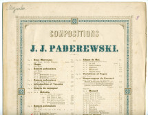 Partition de la «Mazurek» en la mineur tirée des «Danses polonaises» pour piano op. 9 n° 2 de Paderewski (Louis Gregh, Paris – avec en couverture une liste des «compositions de Paderewski» diffusées par cette maison)