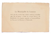 Carton d'invitation de la Municipalité de Lausanne pour la réception organisée à l'issue du concert donné par Paderewski le 27 novembre 1928 à la Cathédrale de Lausanne au profit de la construction d'une salle de concerts
